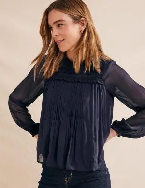 Georgette Trim Top-Navy