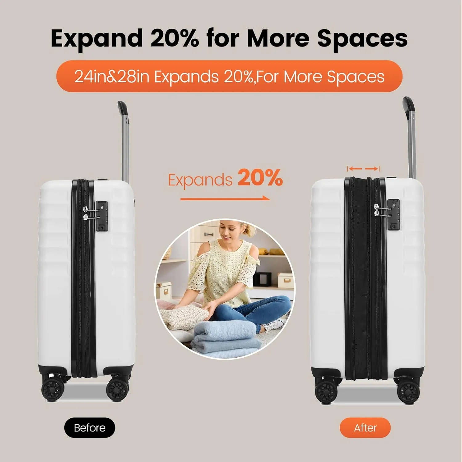 GinzaTravel PC ABS suitcase Spinner Wheels scratch-resistant Lightweight Spinner Expandable Suitcase, Universal wheel, (Giant series-01) (White, 2-Piece Set(20"/29"))