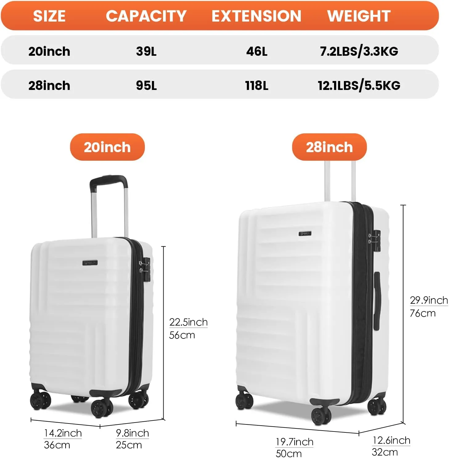 GinzaTravel PC ABS suitcase Spinner Wheels scratch-resistant Lightweight Spinner Expandable Suitcase, Universal wheel, (Giant series-01) (White, 2-Piece Set(20"/29"))