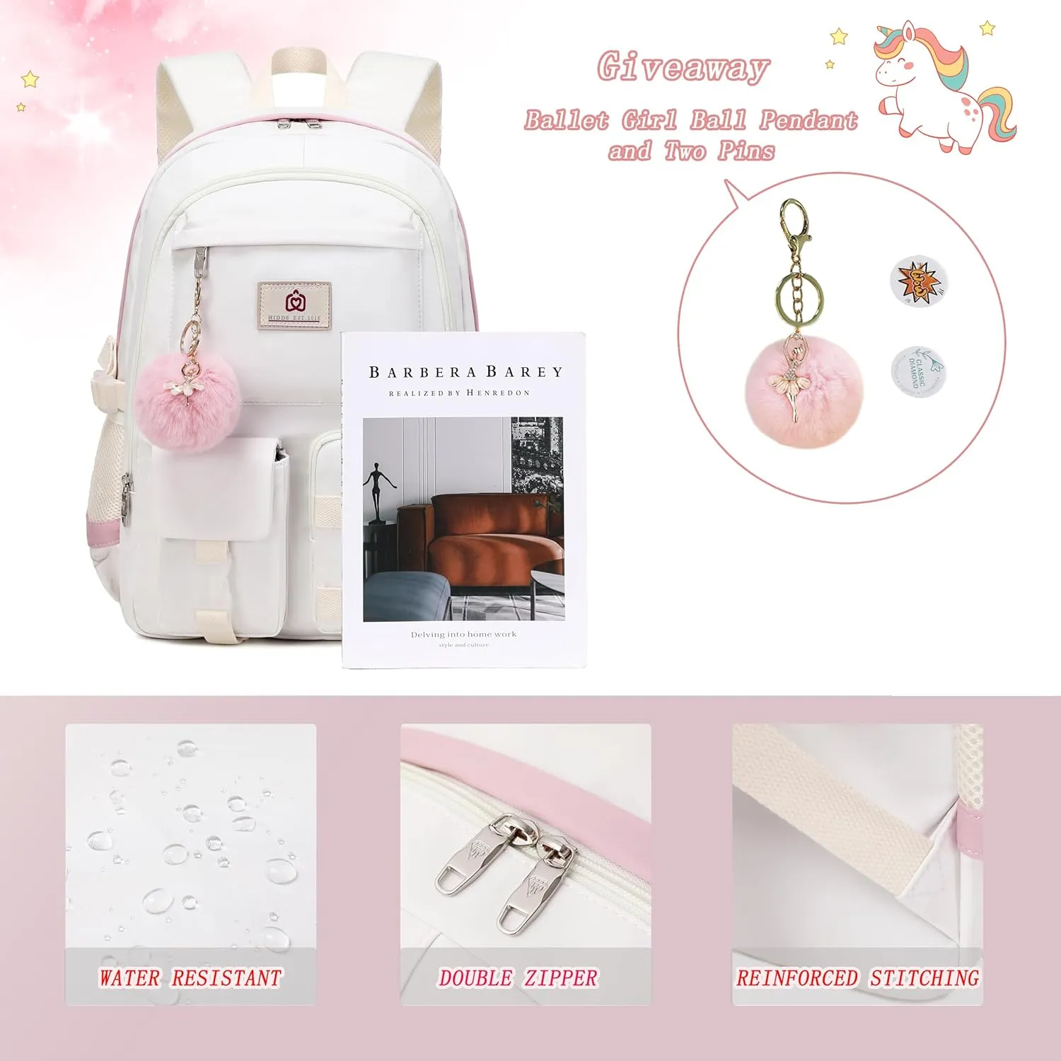 Girls Backpack,15.6 Inch Laptop School Bag Large Primary Elementary Middle College Bookbags Kids Backpacks for Teens Girls Women Students Anti Theft Travel Daypack (Off white)
