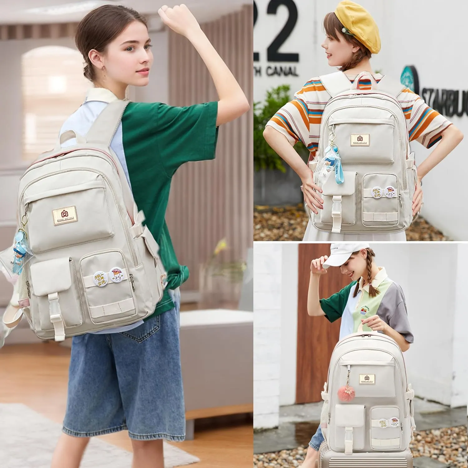 Girls Backpack,15.6 Inch Laptop School Bag Large Primary Elementary Middle College Bookbags Kids Backpacks for Teens Girls Women Students Anti Theft Travel Daypack (Off white)