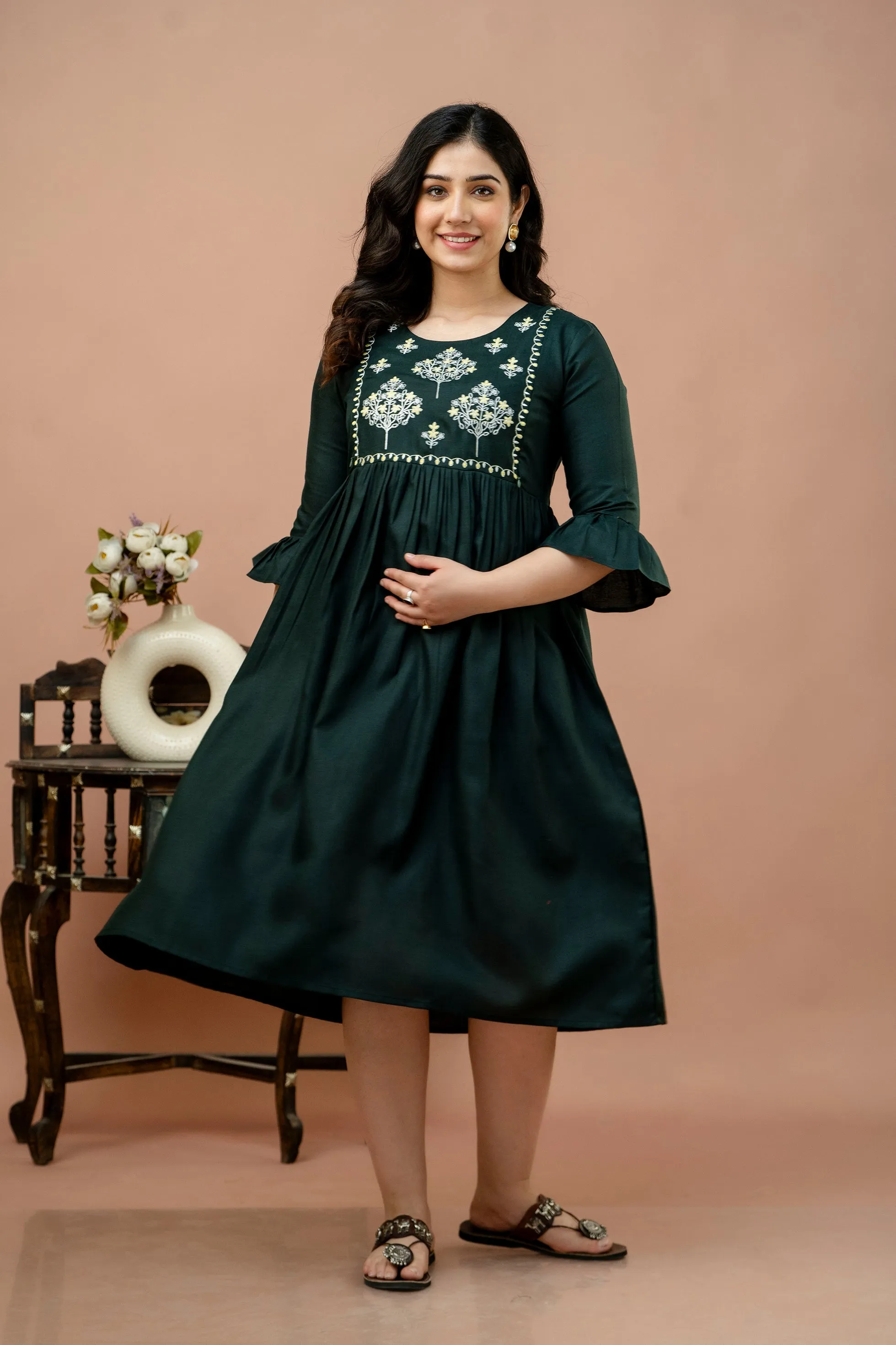 Green Cotton Blend Yoke Embroidered Maternity Dress