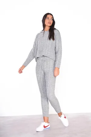 Grey Marl Ribbed High-Waist-Trousers