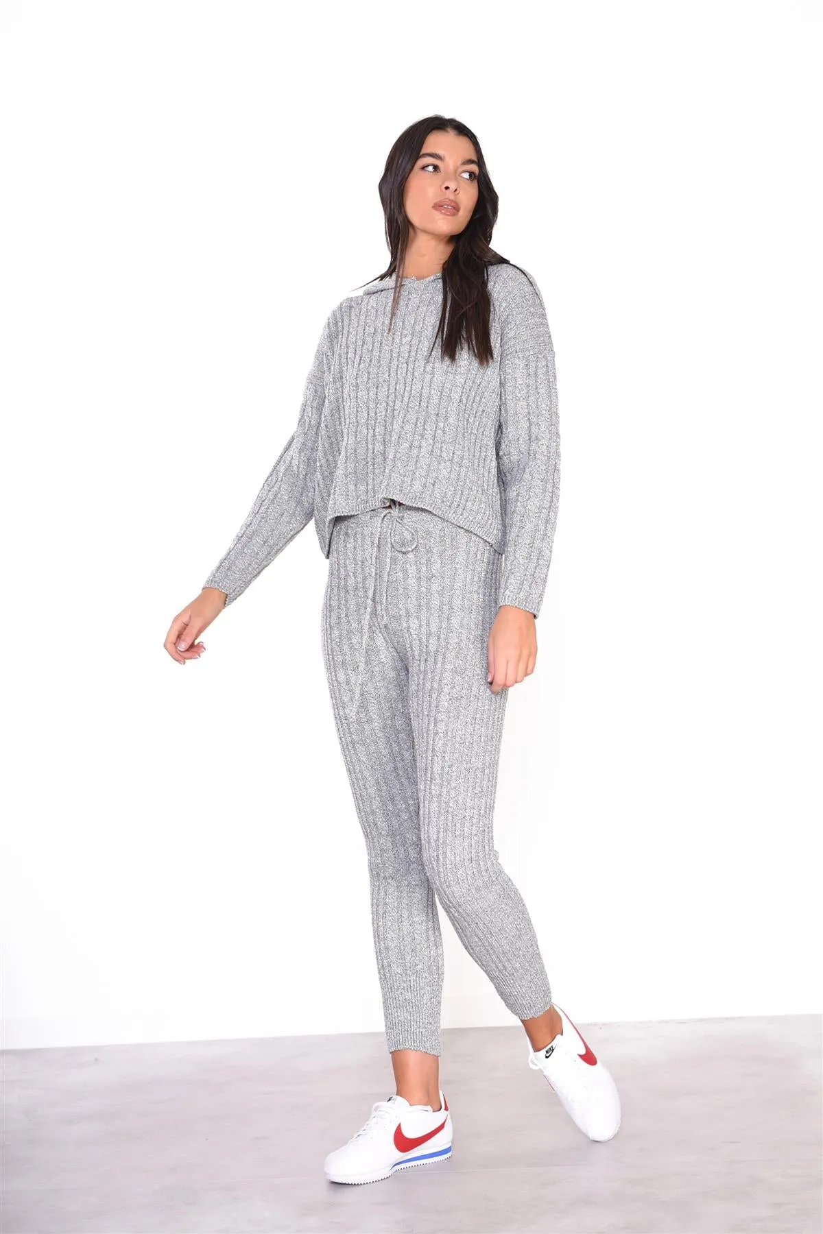 Grey Marl Ribbed High-Waist-Trousers