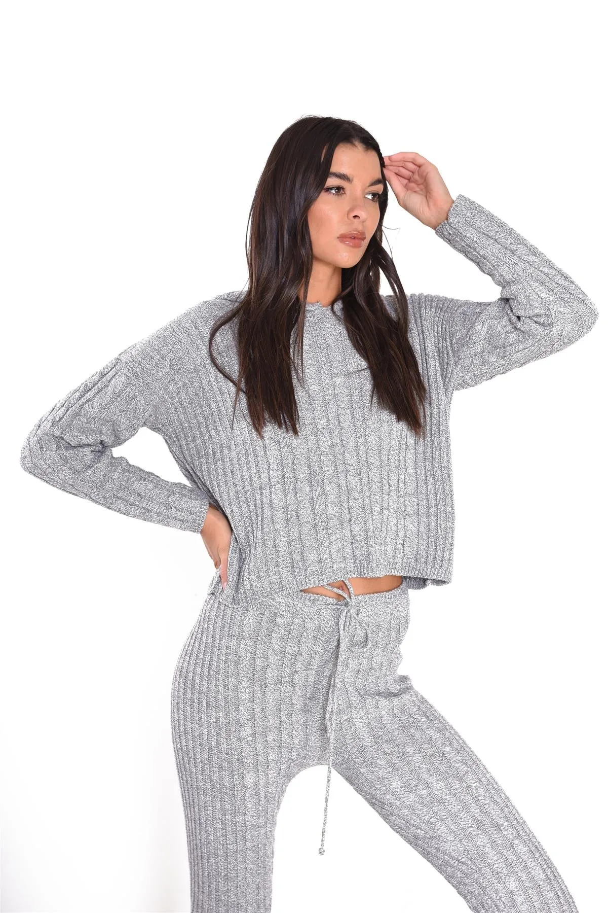 Grey Marl Ribbed High-Waist-Trousers