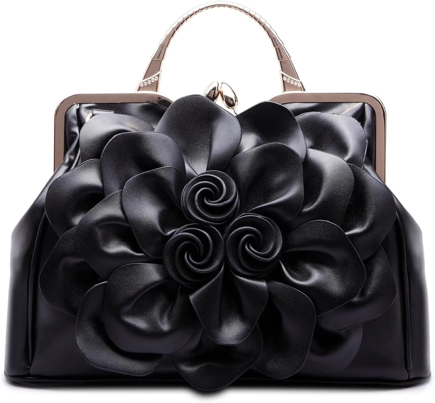 Handbags Ladie 3D Flowers Totes and Purse Women Leather Kiss-Lock Tote Shoulder Flora Dating Crossbody Satchel