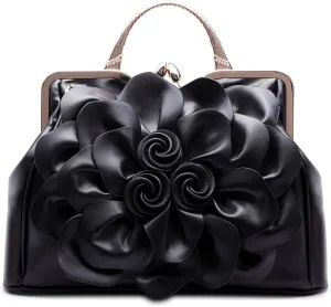 Handbags Ladie 3D Flowers Totes and Purse Women Leather Kiss-Lock Tote Shoulder Flora Dating Crossbody Satchel
