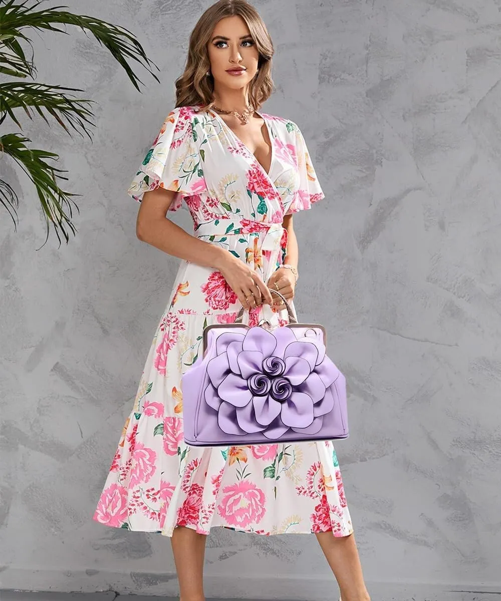 Handbags Ladie 3D Flowers Totes and Purse Women Leather Kiss-Lock Tote Shoulder Flora Dating Crossbody Satchel