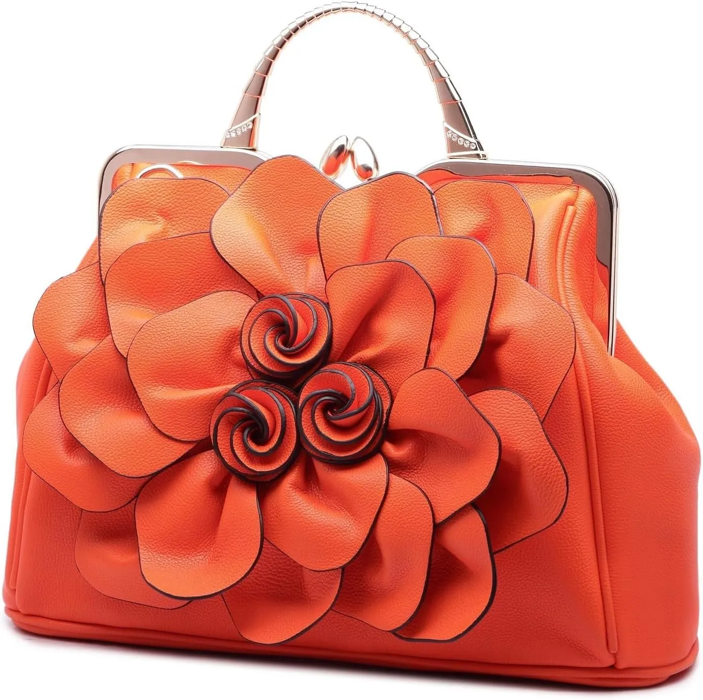 Handbags Ladie 3D Flowers Totes and Purse Women Leather Kiss-Lock Tote Shoulder Flora Dating Crossbody Satchel
