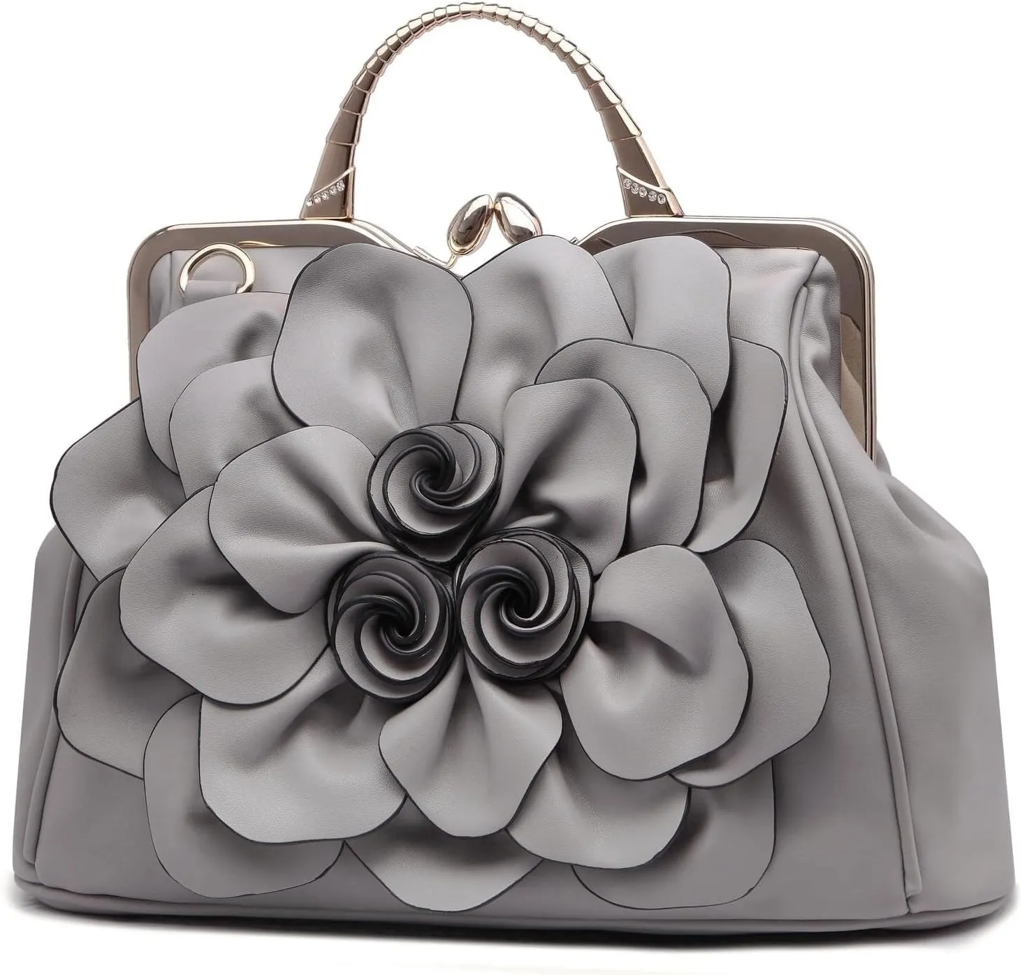 Handbags Ladie 3D Flowers Totes and Purse Women Leather Kiss-Lock Tote Shoulder Flora Dating Crossbody Satchel