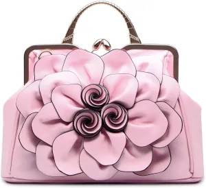 Handbags Ladie 3D Flowers Totes and Purse Women Leather Kiss-Lock Tote Shoulder Flora Dating Crossbody Satchel
