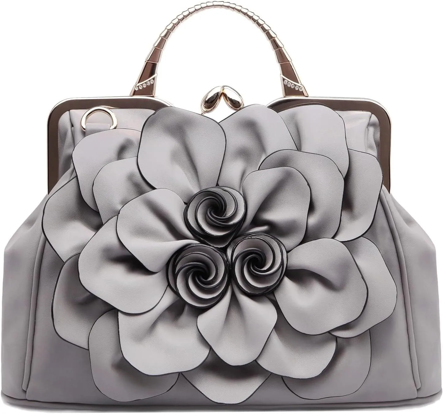Handbags Ladie 3D Flowers Totes and Purse Women Leather Kiss-Lock Tote Shoulder Flora Dating Crossbody Satchel