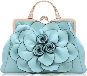 Handbags Ladie 3D Flowers Totes and Purse Women Leather Kiss-Lock Tote Shoulder Flora Dating Crossbody Satchel