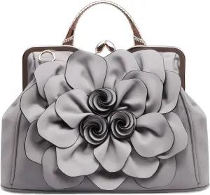 Handbags Ladie 3D Flowers Totes and Purse Women Leather Kiss-Lock Tote Shoulder Flora Dating Crossbody Satchel
