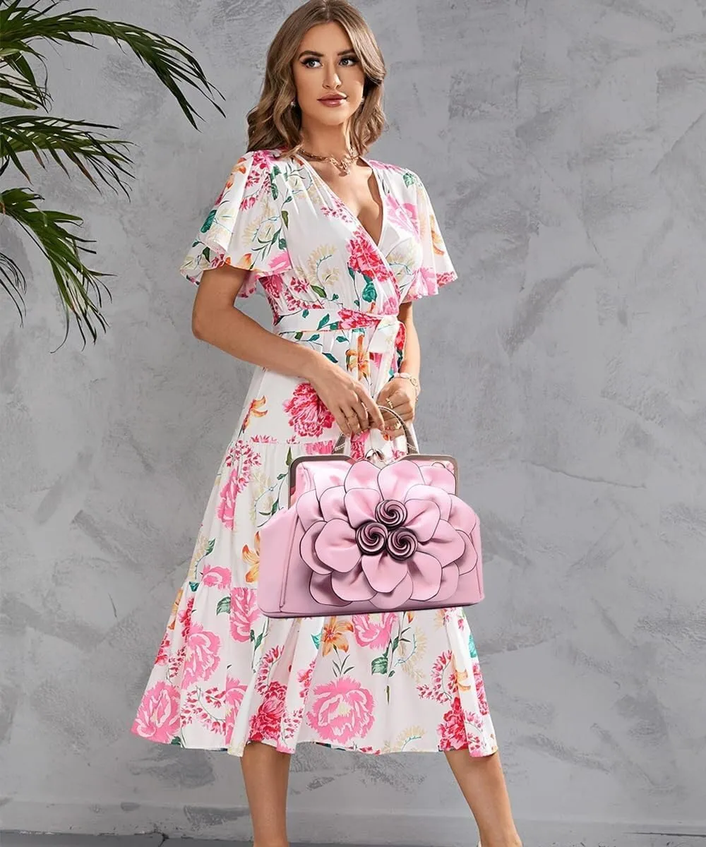 Handbags Ladie 3D Flowers Totes and Purse Women Leather Kiss-Lock Tote Shoulder Flora Dating Crossbody Satchel