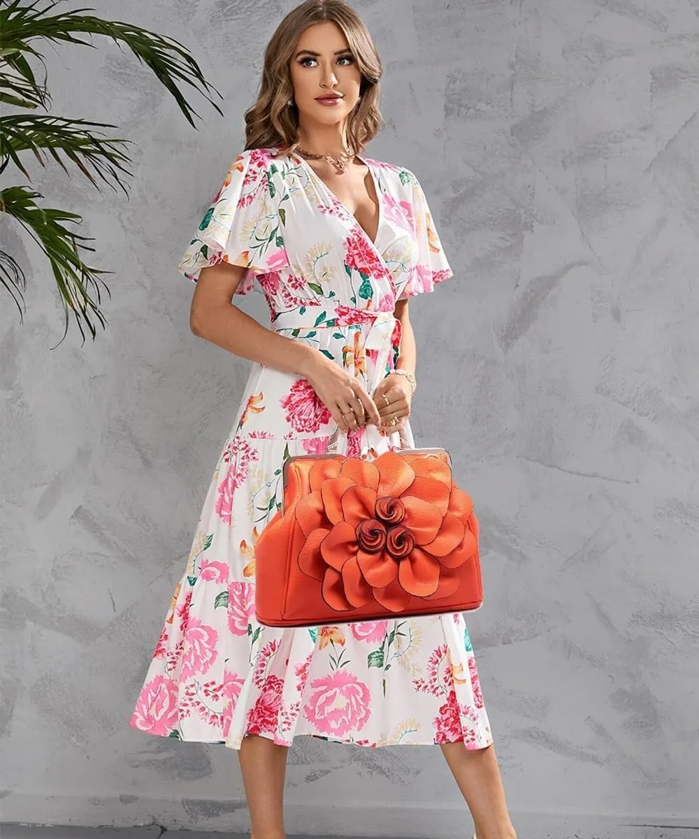 Handbags Ladie 3D Flowers Totes and Purse Women Leather Kiss-Lock Tote Shoulder Flora Dating Crossbody Satchel