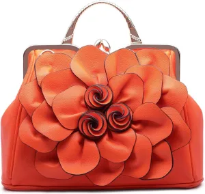 Handbags Ladie 3D Flowers Totes and Purse Women Leather Kiss-Lock Tote Shoulder Flora Dating Crossbody Satchel