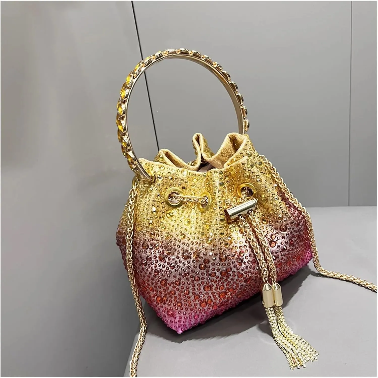 Handle Rhinestones Evening Clutch Bag Purses and Handbag Designer Shoulder Bag Shiny Crystal Clutch Purse Bucket Bag(Pink red)