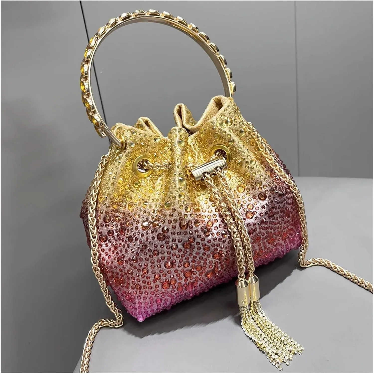 Handle Rhinestones Evening Clutch Bag Purses and Handbag Designer Shoulder Bag Shiny Crystal Clutch Purse Bucket Bag(Pink red)