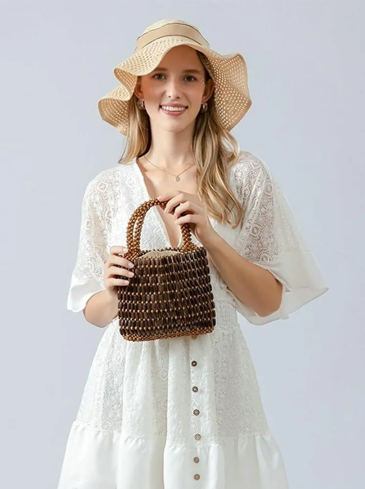Handmade Hollow Wood Beads Woven Mini Hobo Handbag with Small Tote Style for Women's Summer Beach and Evening Wedding Party