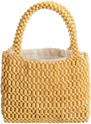 Handmade Hollow Wood Beads Woven Mini Hobo Handbag with Small Tote Style for Women's Summer Beach and Evening Wedding Party