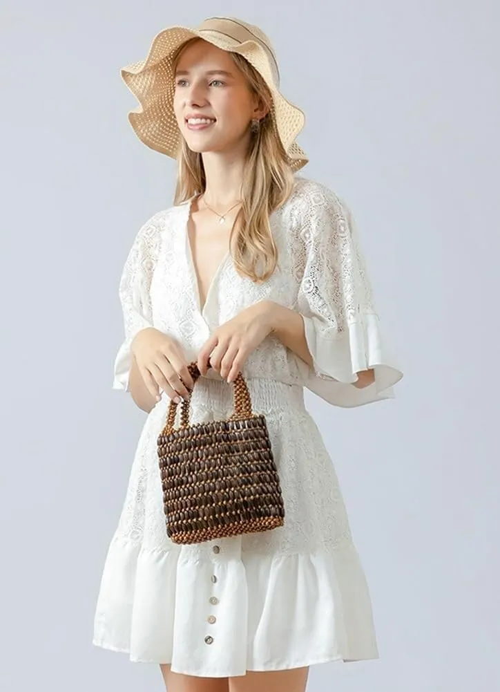 Handmade Hollow Wood Beads Woven Mini Hobo Handbag with Small Tote Style for Women's Summer Beach and Evening Wedding Party