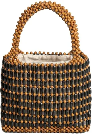 Handmade Hollow Wood Beads Woven Mini Hobo Handbag with Small Tote Style for Women's Summer Beach and Evening Wedding Party
