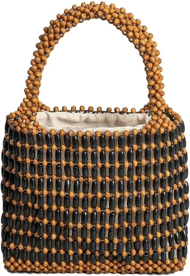 Handmade Hollow Wood Beads Woven Mini Hobo Handbag with Small Tote Style for Women's Summer Beach and Evening Wedding Party