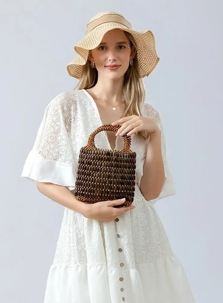 Handmade Hollow Wood Beads Woven Mini Hobo Handbag with Small Tote Style for Women's Summer Beach and Evening Wedding Party