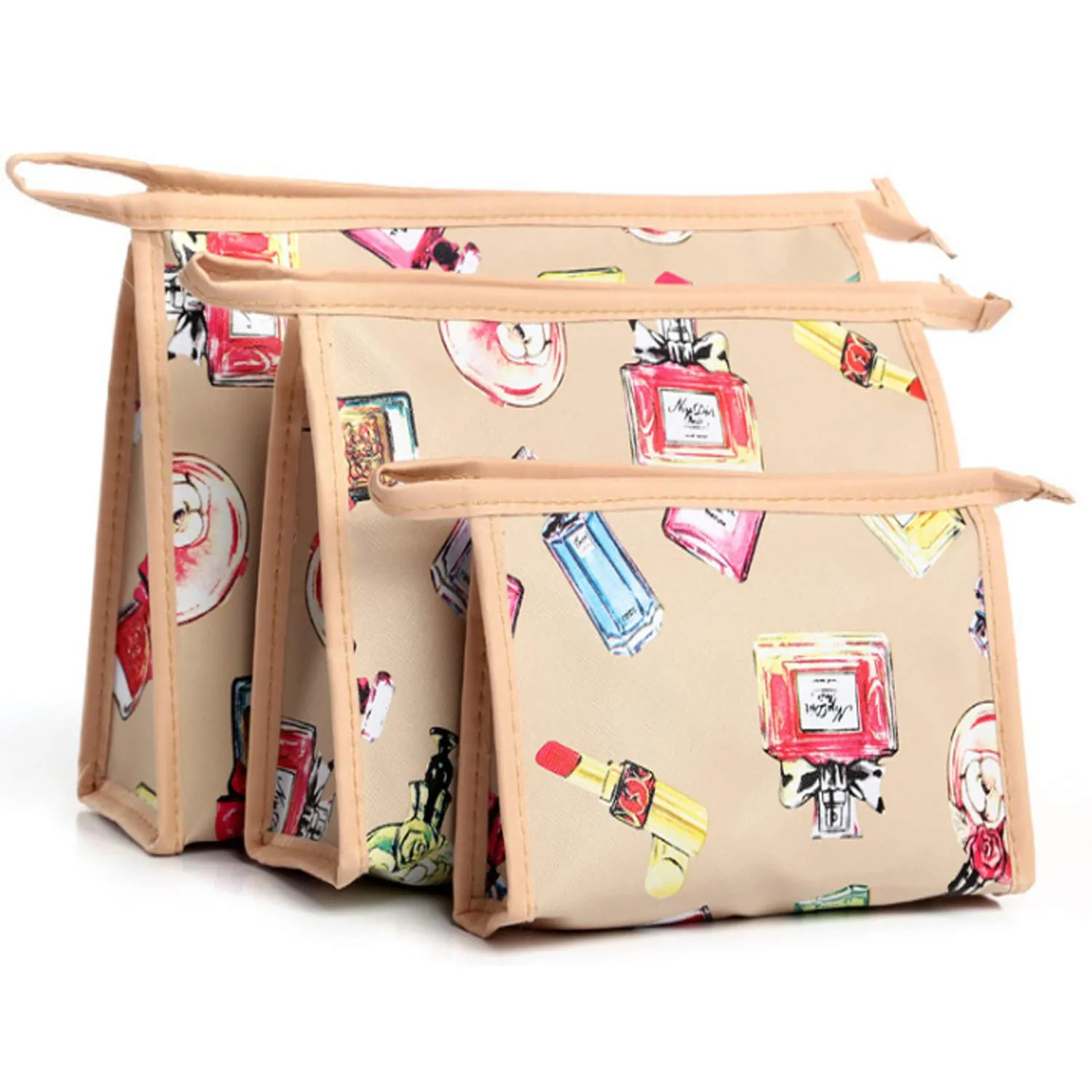 HappyDaily 3 Pack Beautiful and Multifunctional Waterproof Makeup Cases or Cosmatic Bags or Travel Toiletry Pouch or Storage Bags or Purse for Women Girls (Beige Perfume)