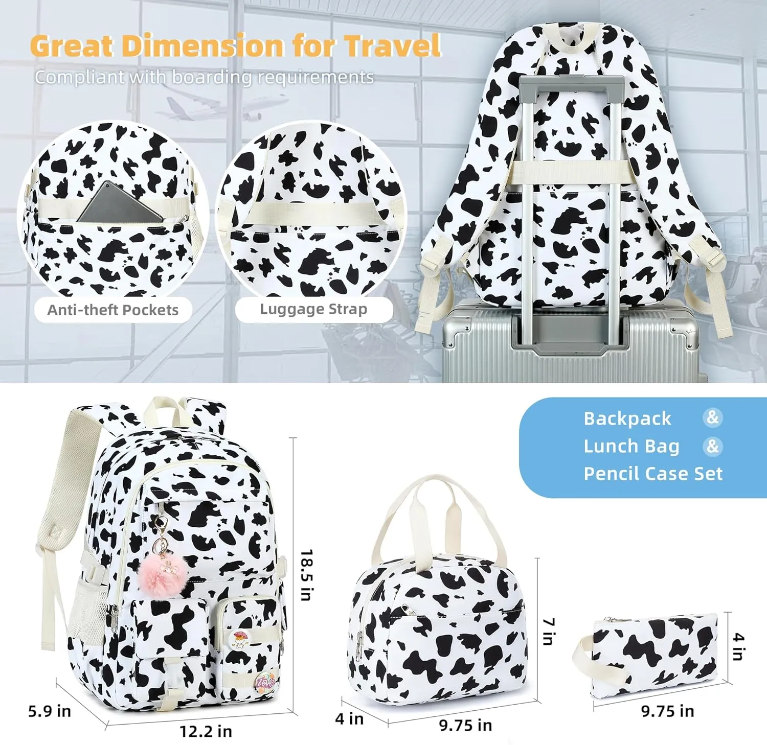 Hidds Backpack for Girls 3 PCS College School Backpacks Kids Bookbag Set with Lunch Box School Bag Daypack Teens Women
