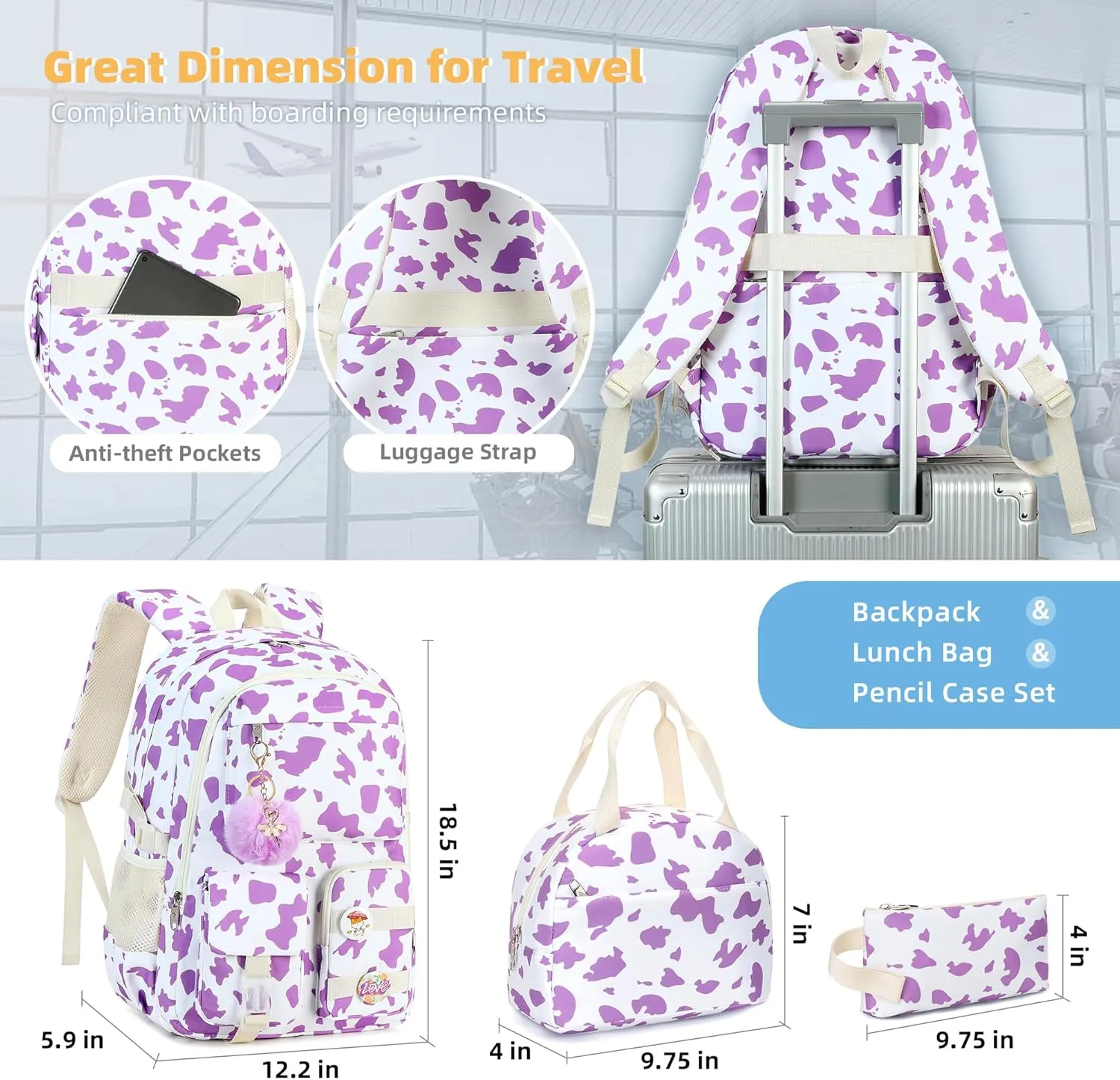 Hidds Backpack for Girls 3 PCS College School Backpacks Kids Bookbag Set with Lunch Box School Bag Daypack Teens Women