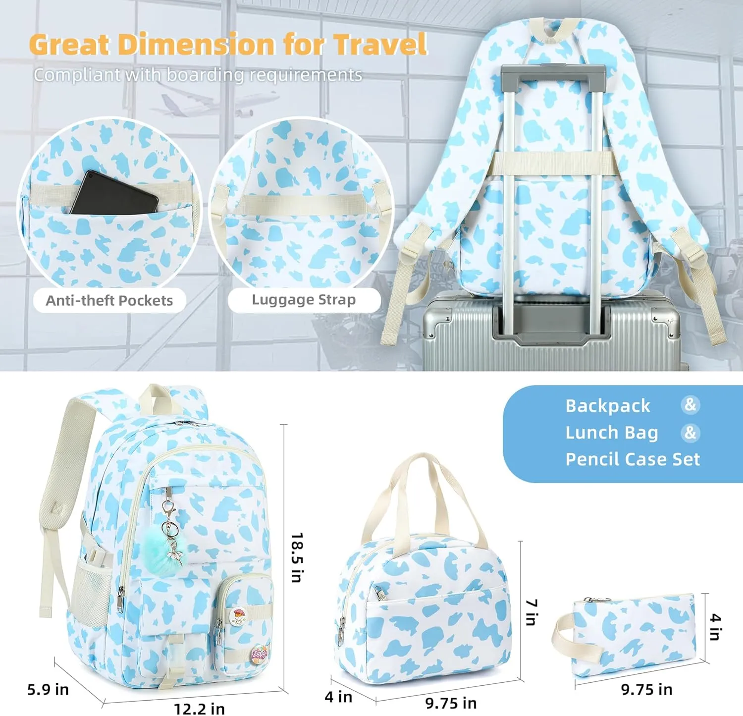 Hidds Backpack for Girls 3 PCS College School Backpacks Kids Bookbag Set with Lunch Box School Bag Daypack Teens Women