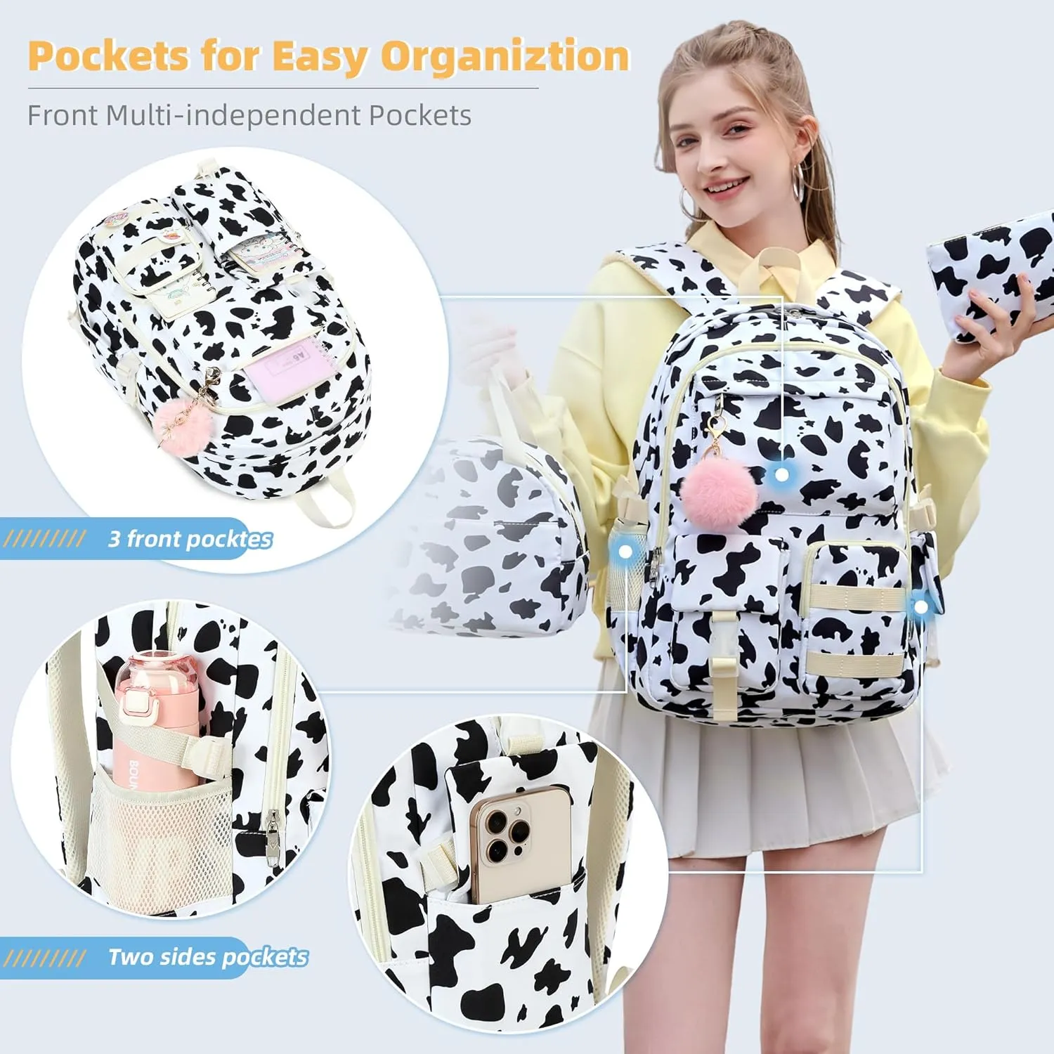 Hidds Backpack for Girls 3 PCS College School Backpacks Kids Bookbag Set with Lunch Box School Bag Daypack Teens Women