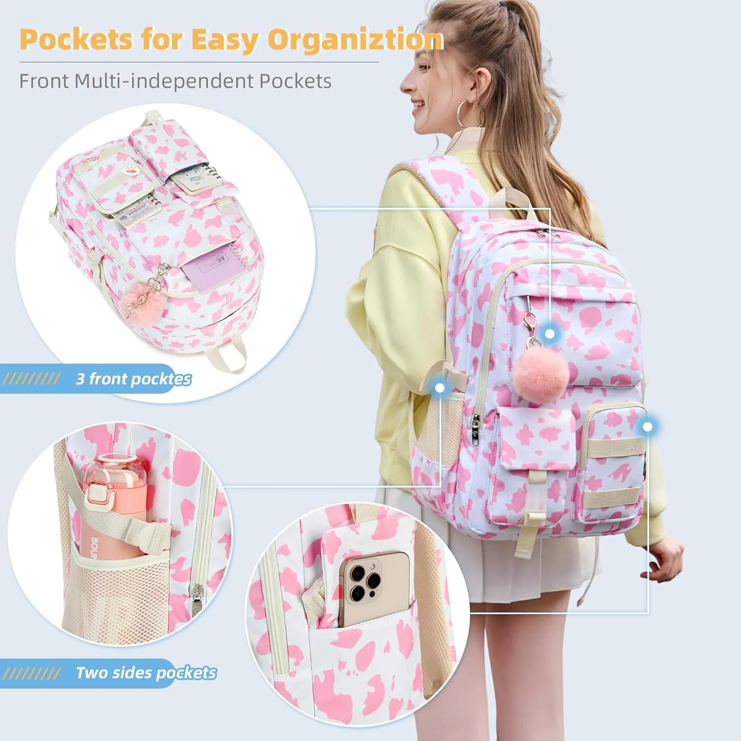 Hidds Backpack for Girls 3 PCS College School Backpacks Kids Bookbag Set with Lunch Box School Bag Daypack Teens Women