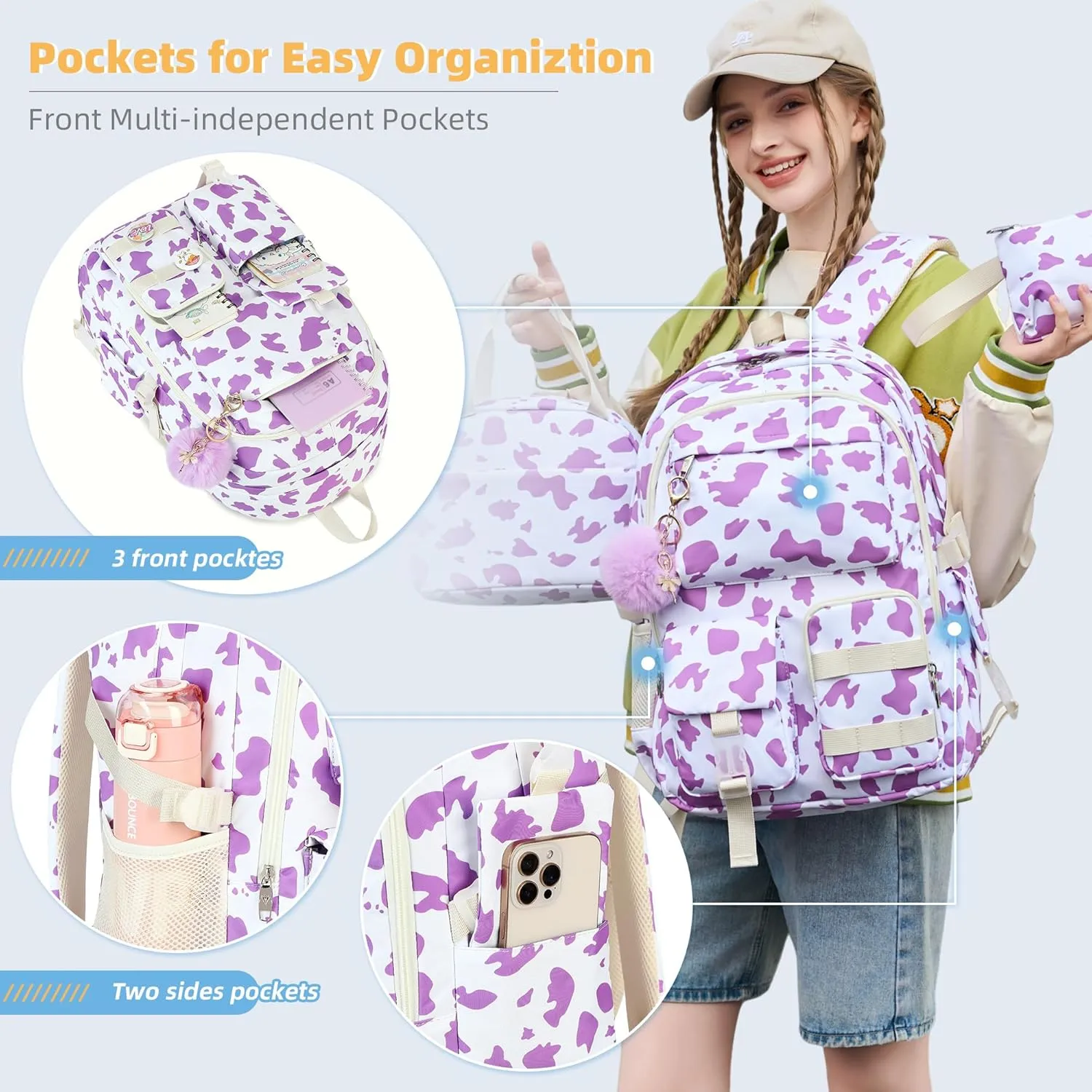 Hidds Backpack for Girls 3 PCS College School Backpacks Kids Bookbag Set with Lunch Box School Bag Daypack Teens Women