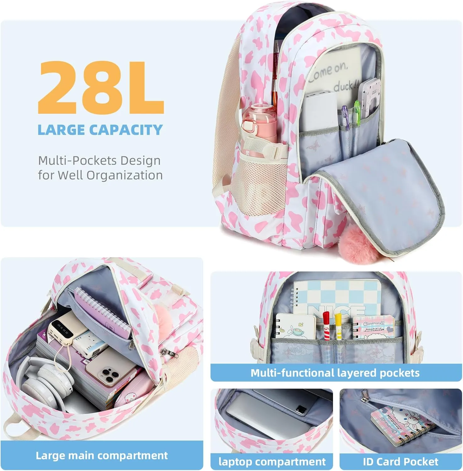 Hidds Backpack for Girls 3 PCS College School Backpacks Kids Bookbag Set with Lunch Box School Bag Daypack Teens Women
