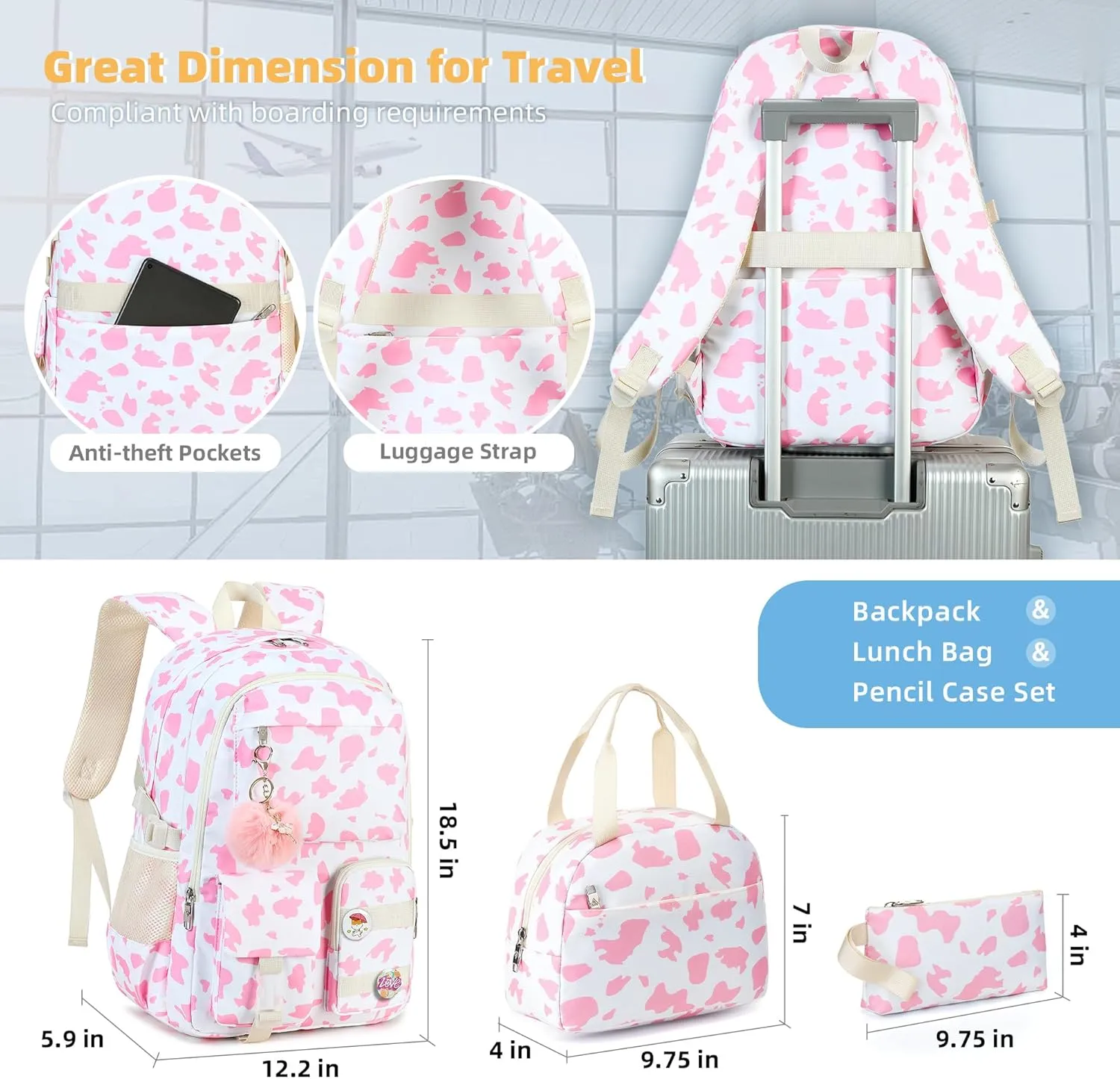 Hidds Backpack for Girls 3 PCS College School Backpacks Kids Bookbag Set with Lunch Box School Bag Daypack Teens Women