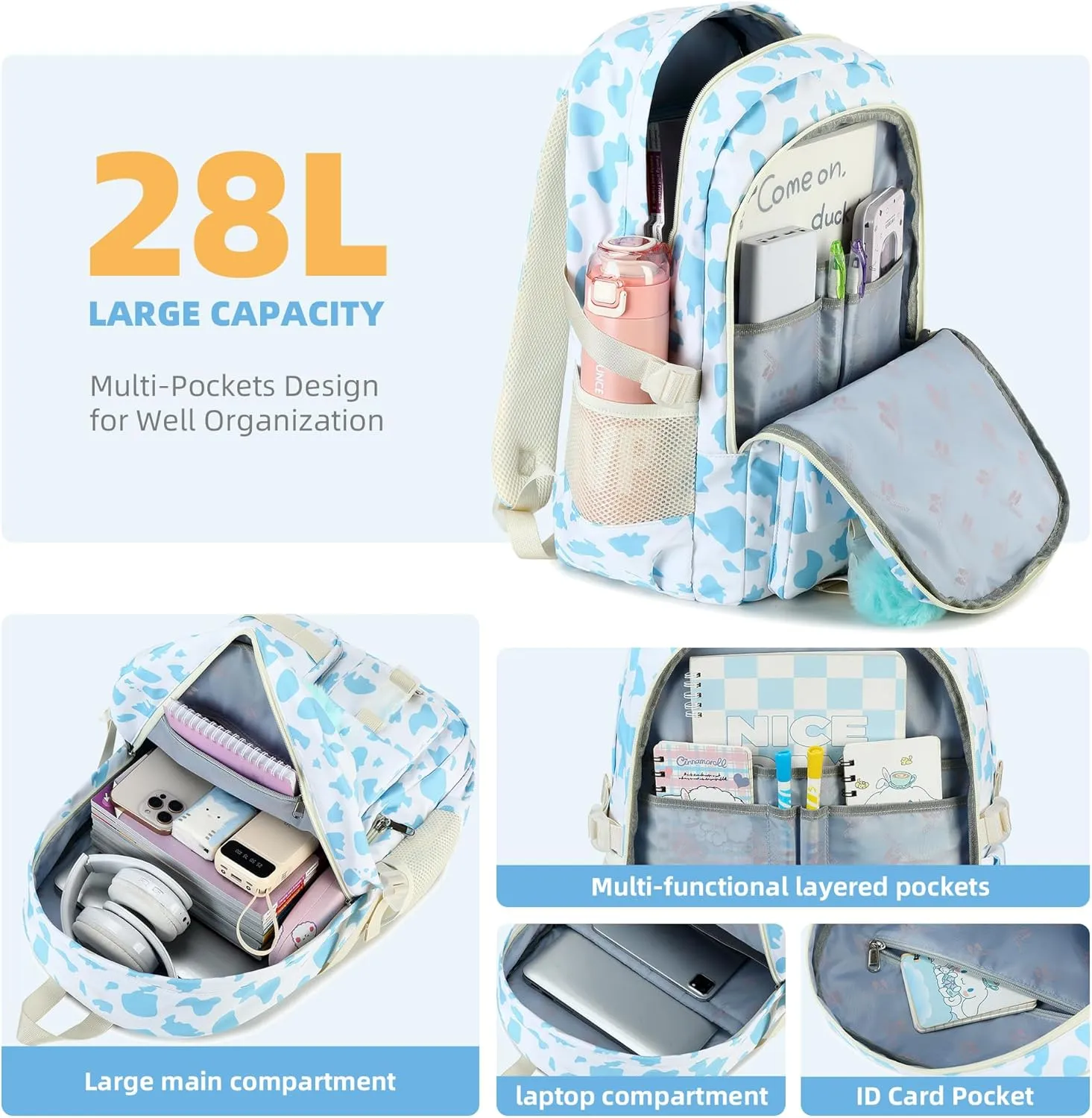 Hidds Backpack for Girls 3 PCS College School Backpacks Kids Bookbag Set with Lunch Box School Bag Daypack Teens Women