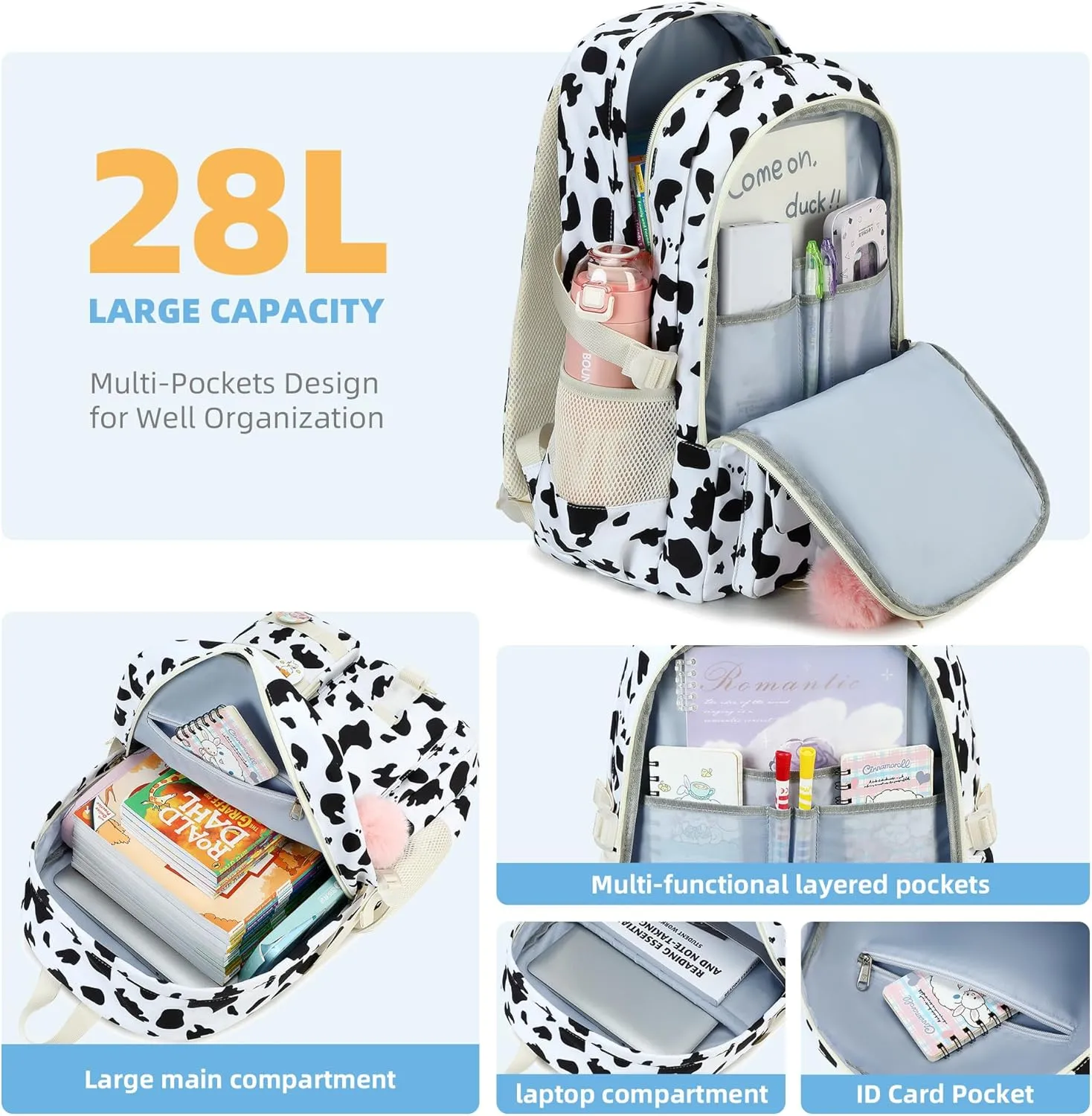 Hidds Backpack for Girls 3 PCS College School Backpacks Kids Bookbag Set with Lunch Box School Bag Daypack Teens Women