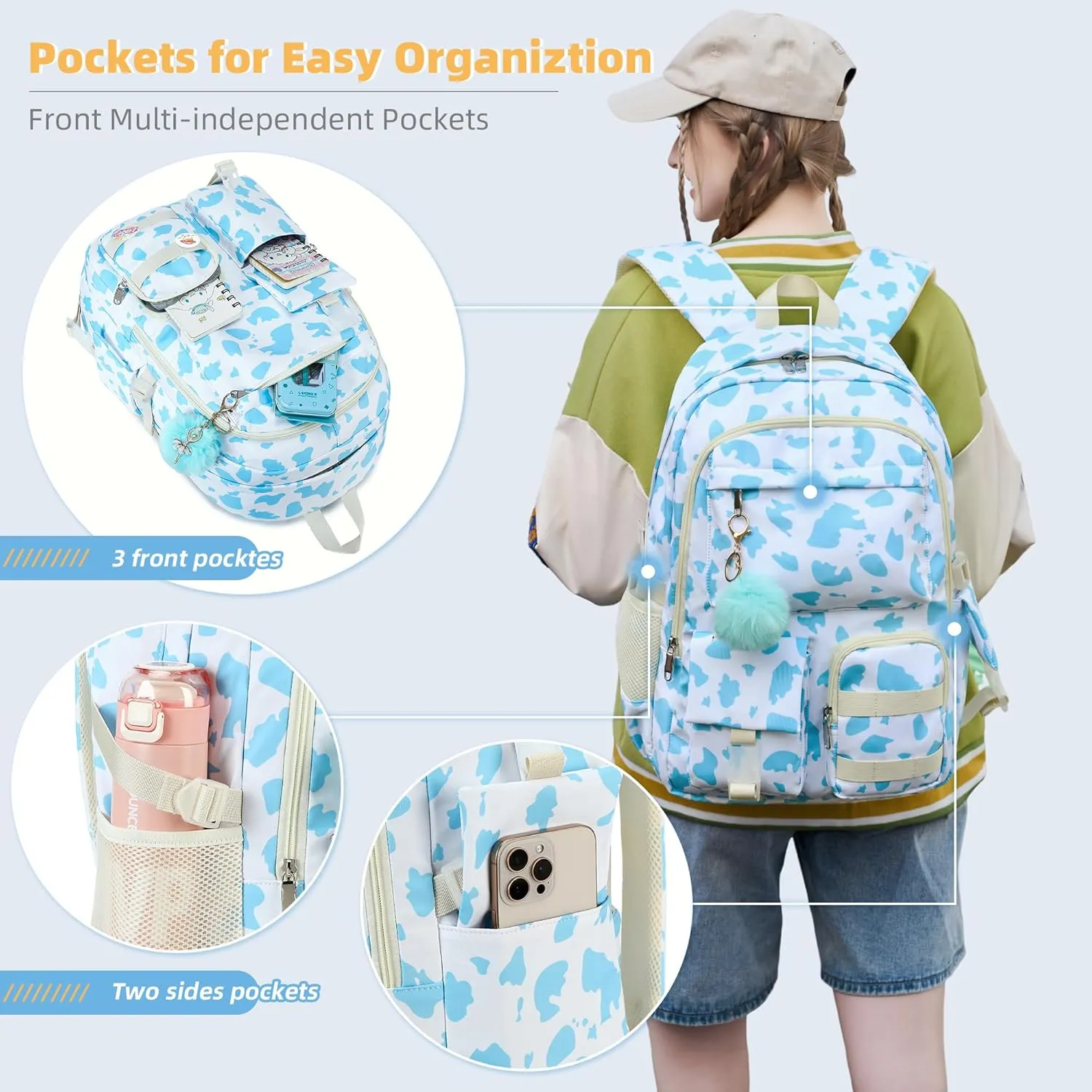 Hidds Backpack for Girls 3 PCS College School Backpacks Kids Bookbag Set with Lunch Box School Bag Daypack Teens Women