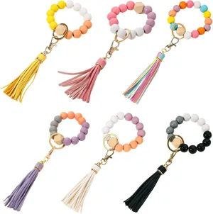 Homaisson 6 PCS Beaded Keychain Wristlet, Wooden Bead Bracelet Key Ring, Colorful Beaded Keychain with Tassel for Car Bag