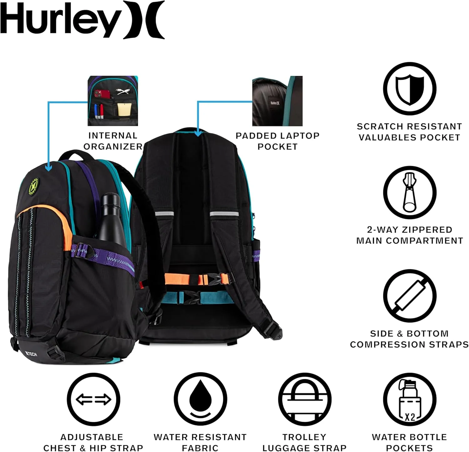 Hurley Men's Commuter Travel Backpack, Black/Red, One Size