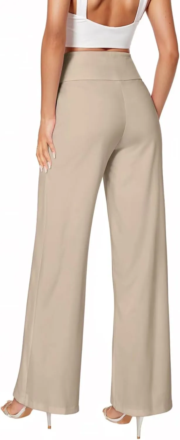 Hybrid & Company Womens Ultra Comfort Ponte Fabric Pull on Casual Wide Leg Pants