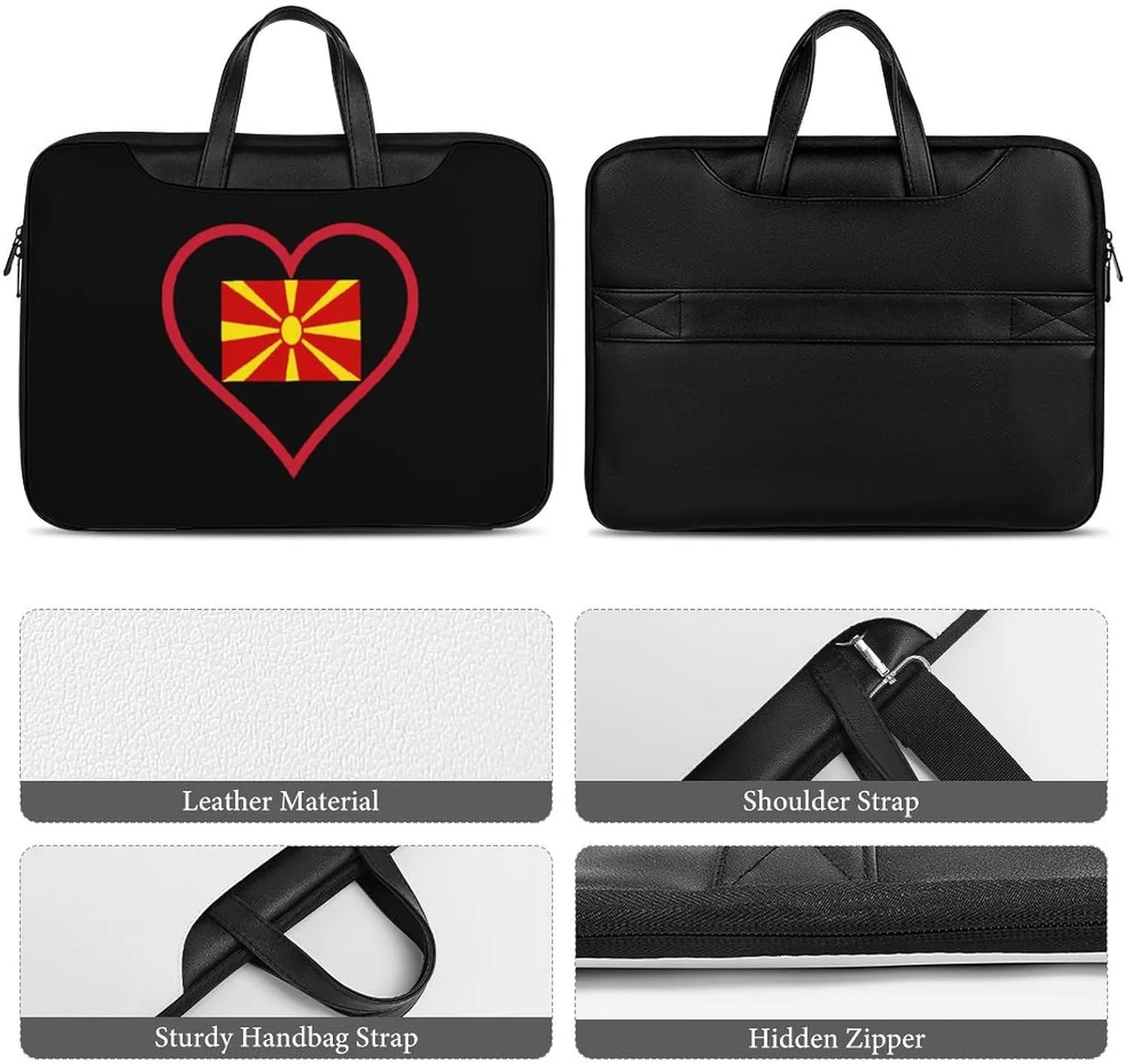 I Love Macedonian Red Heart Leather Bag Laptop Case Slim Water Resistant Computer Bags with Handle Briefcase for Work