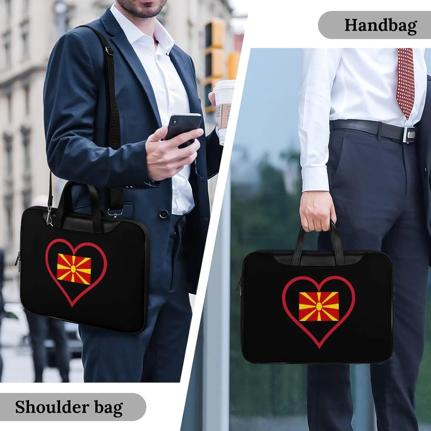 I Love Macedonian Red Heart Leather Bag Laptop Case Slim Water Resistant Computer Bags with Handle Briefcase for Work