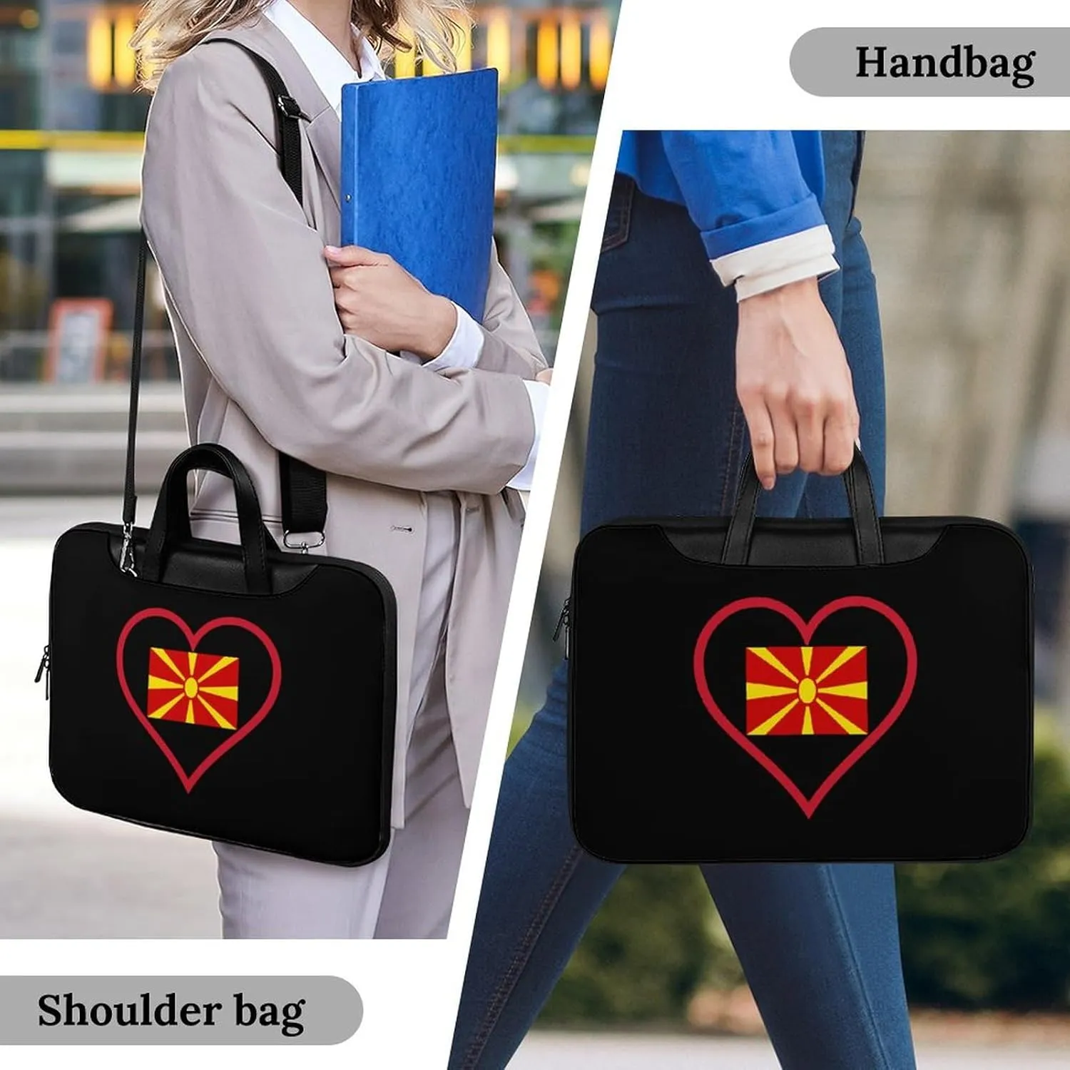 I Love Macedonian Red Heart Leather Bag Laptop Case Slim Water Resistant Computer Bags with Handle Briefcase for Work