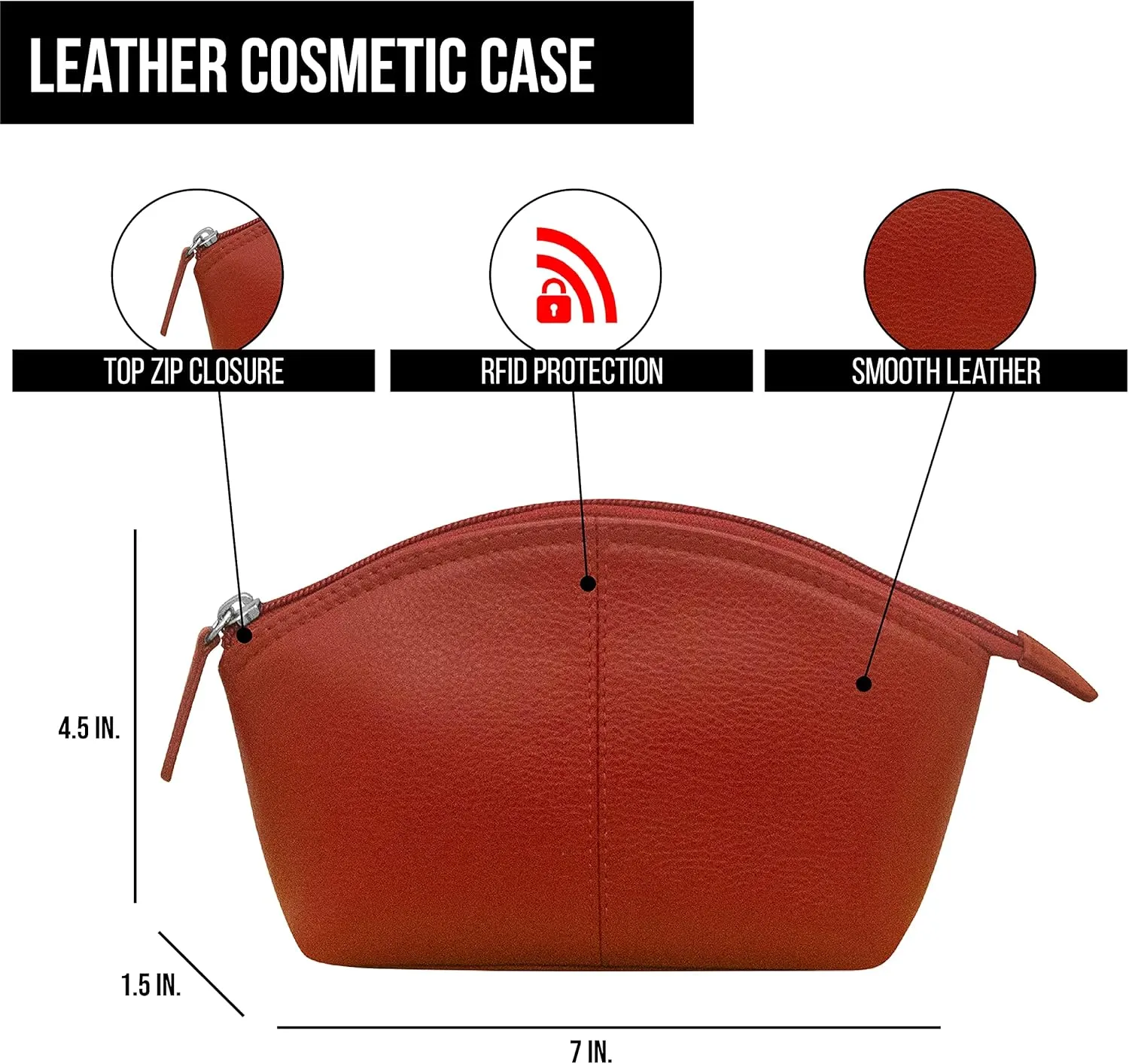 ili New York Genuine Leather Cosmetic Pouch  RFID Blocking, Leather Makeup Bag for Purse with Top Zip Closure & Interior Zip Pocket, Perfect as a Compact and Stylish Travel Cosmetic Bag