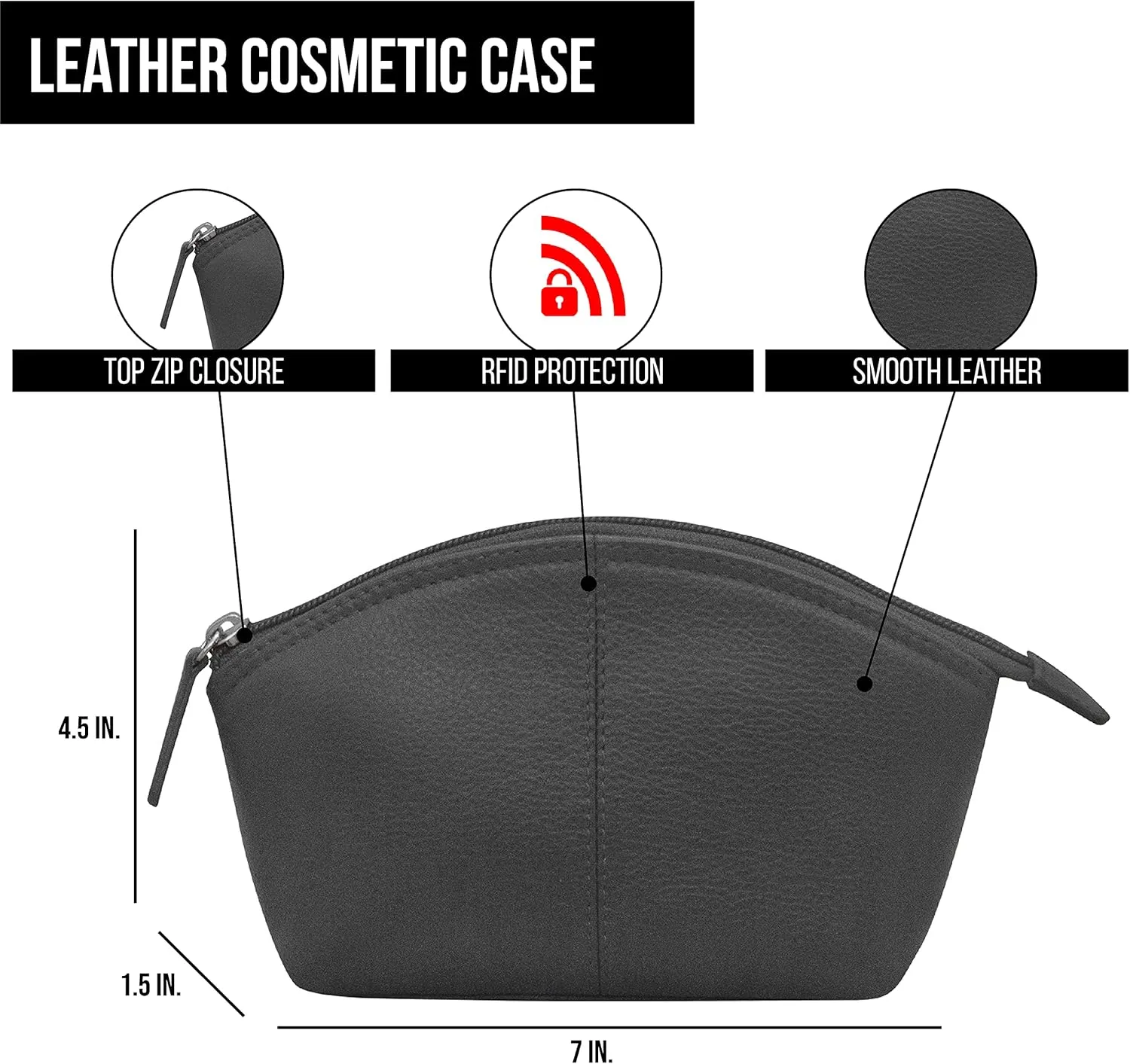 ili New York Genuine Leather Cosmetic Pouch  RFID Blocking, Leather Makeup Bag for Purse with Top Zip Closure & Interior Zip Pocket, Perfect as a Compact and Stylish Travel Cosmetic Bag