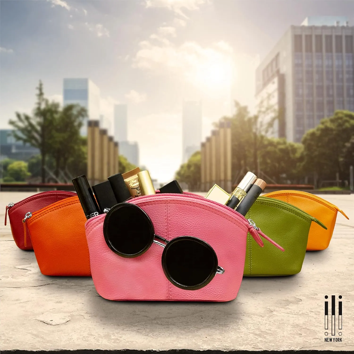 ili New York Genuine Leather Cosmetic Pouch  RFID Blocking, Leather Makeup Bag for Purse with Top Zip Closure & Interior Zip Pocket, Perfect as a Compact and Stylish Travel Cosmetic Bag